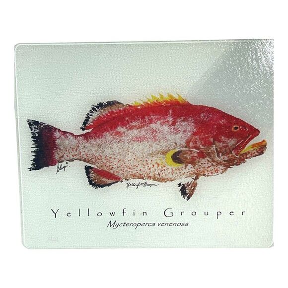 Yellowfin Grouper Glass Cutting Board Mycteroperca Venenosa 12x14 Fisherman Gift - Picture 2 of 5